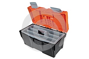 Opened empty toolbox made ofÂ plastic materialÂ  black and orang